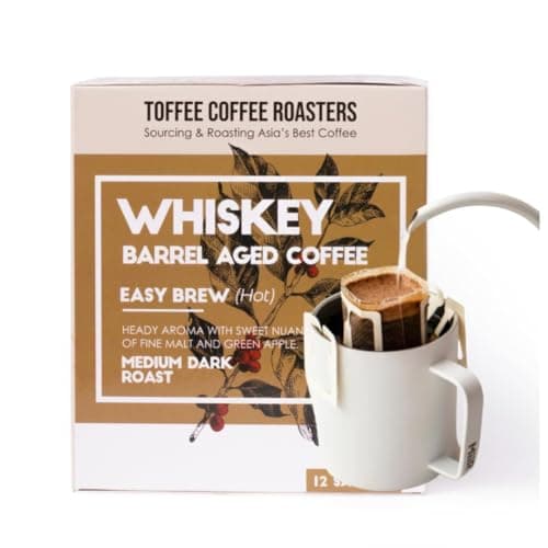 Toffee Coffee Roasters | Easy Brew (Hot Brew) Coffee | Single Malt Whiskey Barrel Aged Grounded | Pack of 8 Sachets | Medium Dark Freshly Roasted | Notes: Fine Malt & Green Apple