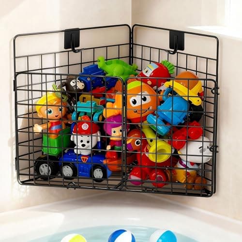 Greentainer Corner Bath Toy Storage Organizer, Large Rustproof Metal Wire Basket, Foldable Wall Mounted Hanging Bathtub Toy Holder with Drainage, No Drilling Adhesive Shower Caddy for Bathroom Tub
