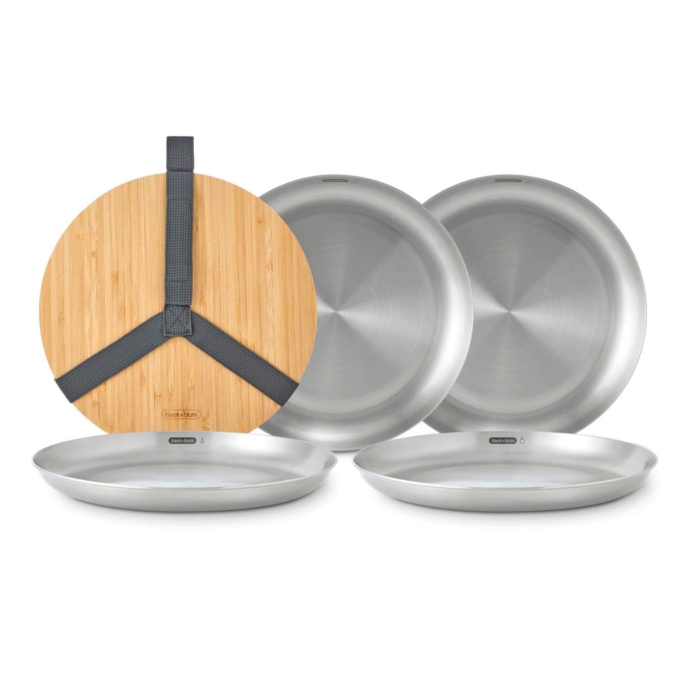 BLACK BLUM Picnic Plate Set of 4 Stainless Steel Plates with a Bamboo Chopping Board Lid and Carry Strap