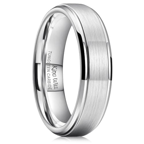 King Will 6mm Silver Tungsten Carbide Wedding Ring for Men Women Brushed Center Polished Step Edge Engagement Bands 9.5