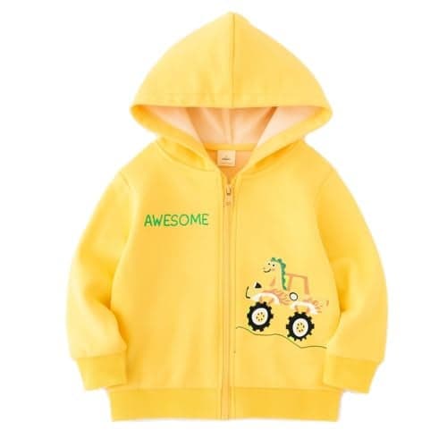 Bold N Elegant Kids Winter Warm Fleece Awesome Dinosaur Print Front Open Zipper Hoodie Sweatshirt for Infant Toddler Baby Boys & Girls (1-2 Years, Yellow)