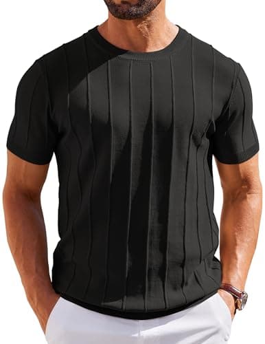 COOFANDY Crew Neck Tshirts for Men Summer Shirt Knit Short Sleeve Pullover Sweater Shirt Casual Tee Black