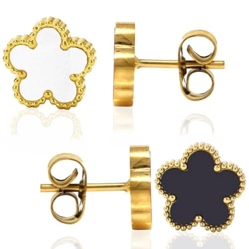 VAMA FASHIONS 18K Gold Plated Outline Lucky Five Petal Leaf Clover Stud Anti Tarnish Earrings Set 2 Pairs Black & White Enamel Studs for Women Girls