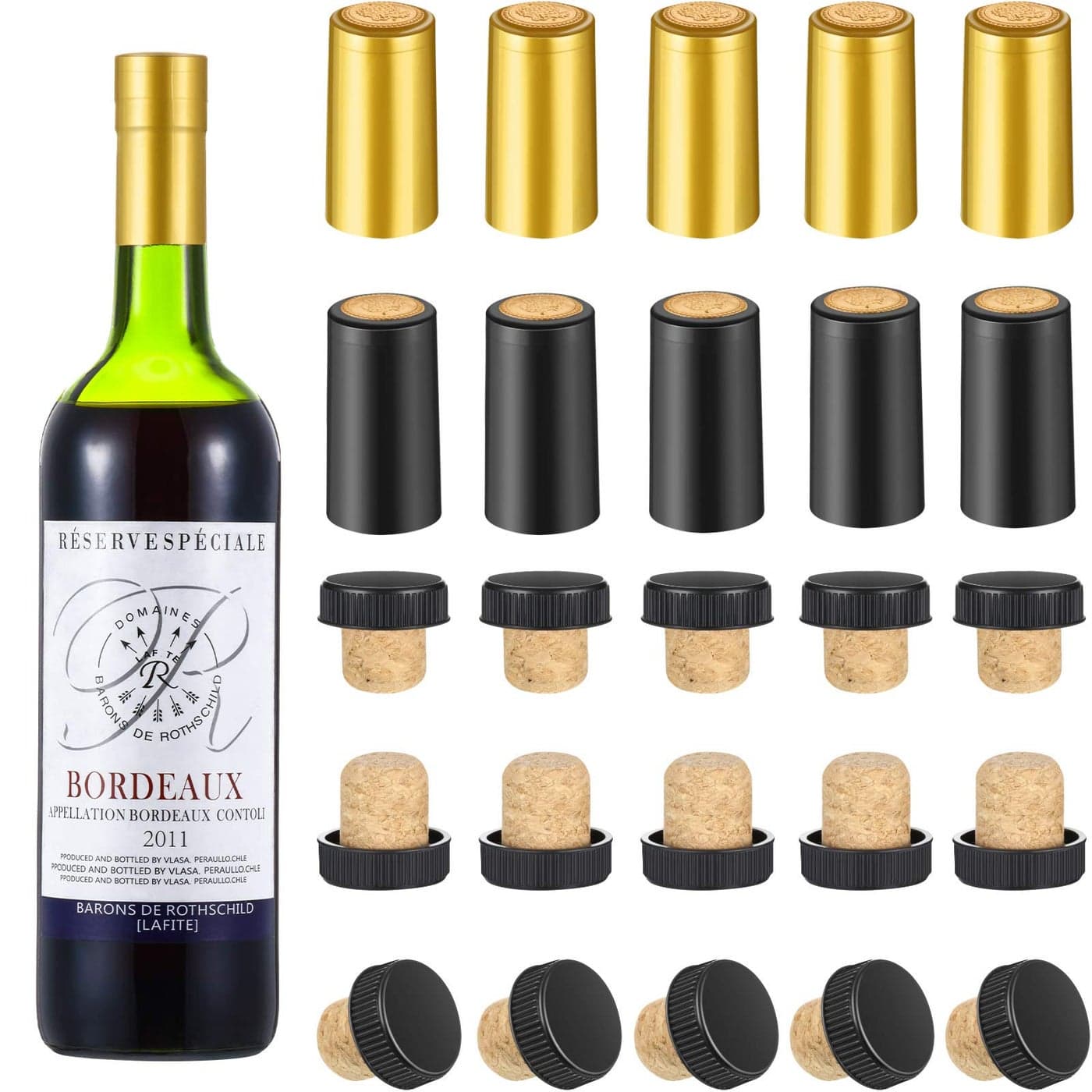 Blulu 100 Pack Wine Sealer for Wine Bottles 50 Pcs Cork Stoppers and 50 Pcs PVC Heat Shrink Capsules Bottle Resealer Kit for Cruise Home Cellars Wedding Christmas PartyGold Black
