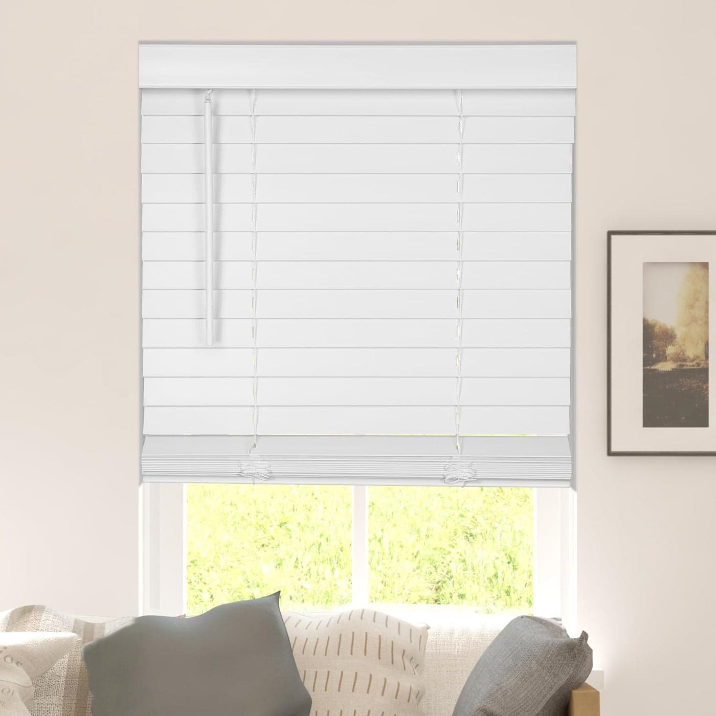CALYX INTERIORS Faux Wood Blinds with Classic Valance Cordless 2 Slat 305 W x 60 H Blinds for Indoor Windows Room Darkening Window Blinds for Home Interior Windows and Doors Pure White