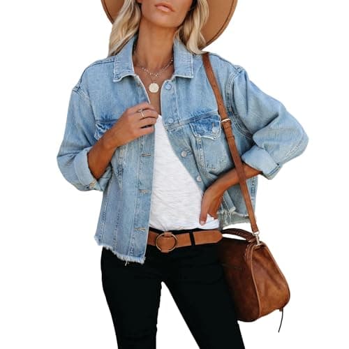 LONGBIDA Women's Jean Jacket Frayed Washed Button Up Cropped Denim Jacket With Pockets(Light Blue,XL)