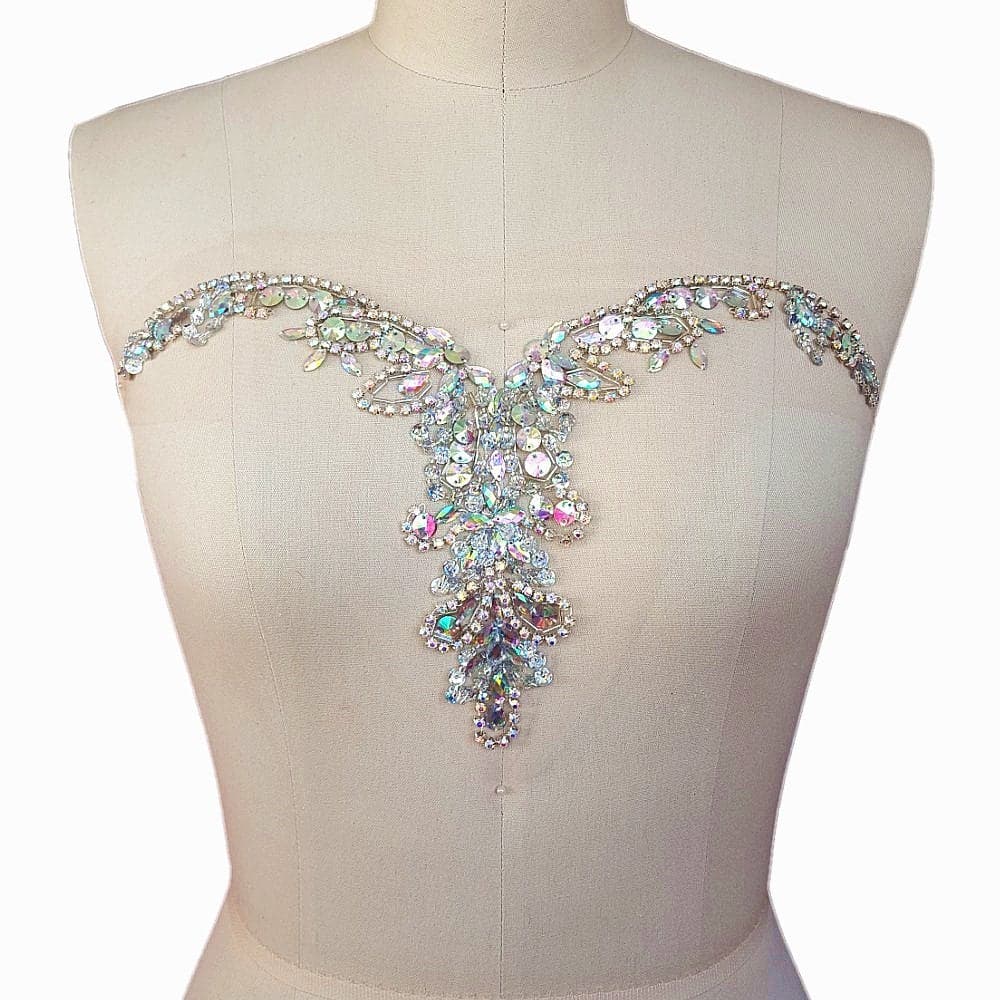 Handmade Beaded Sequin AB Color Bling Sew On Neckline Rhinestone Crystal Trim Bridal Applique Design Patch Sewing for Wedding Dresses DIY Decoration 20x34cm AB