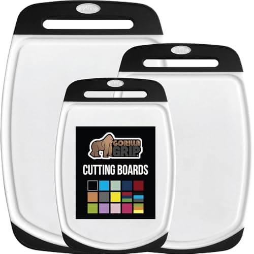 GORILLA GRIP BPA-Free Reversible Kitchen Cutting Board Set of 3, US Designed, Nonporous, Juice Grooves Catch Liquid, Slip Resistant Border, Dishwasher Safe, Durable Large Food Chopping Boards, Black