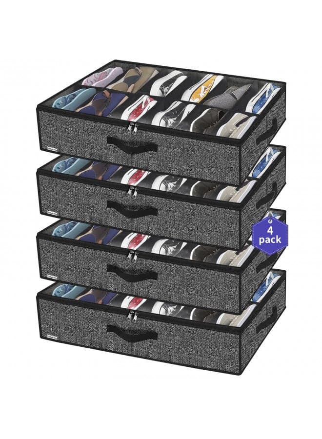 Onlyeasy Under Bed Shoe Storage Organizer For Closet, 4 Pack Fit 12x4 Pairs, Underbed Solution Shoes Container Bags with Sturdy Sidewall & Reinforced Handles, Breathable, Linen-like Black, MXAUBSB4P
