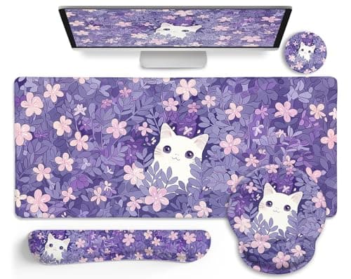 LIMKRIAN Purple Mouse Pad Large Desk Mat Set Kawaii Cat Computer Mouse Pad with Wrist Rest Keyboard Wrist Support XXL Mousepad Cup Coaster Set Cute Purple Office Desk Accessories Cat Decor Supplies
