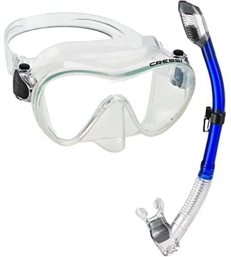 Cressi Scuba Diving Snorkeling Kit - Freediving Mask & Dry Snorkel | F1 & Supernova Dry: Designed in Italy, Clear Mask/Blue Snorkel