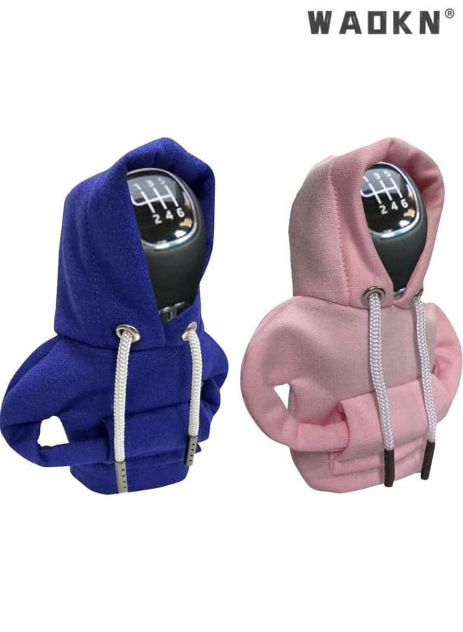 2 pcs Car Gear Shift Hoodie , Fashionable Gear Shift Knob Cover , Mini Hoodie for Auto Shifter , Auto Interior Cute Gadgets , Universal Car Decoration Accessories , Fashion shift knob decoration hoodie , blue and pink.
