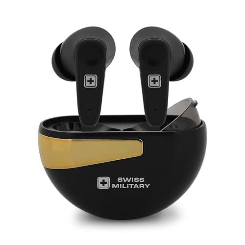Swiss Military NXT PODS True Wireless Stereo Earbuds, Up to 40 Hours Playtime, Bluetooth 5.1 & Dual Device Connection, Type-C Fast Charging, Touch & Voice Control, Chrome Finish Swivel Design-Black