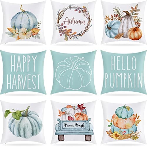 Yexiya 9 Pieces Light Blue Fall Thanksgiving Pillow Covers 18 x 18 Inch Pumpkin Home Cases Cushion Cover Pumpkin Truck Throw Pillow Covers for Sofa Decoration