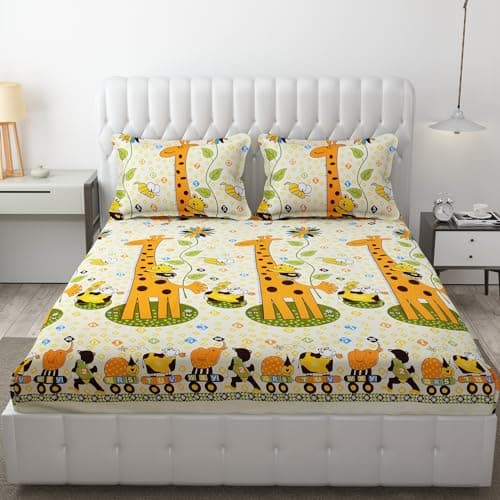 FRESH FROM LOOM Glace Cotton Wrinkle Free Soft Hypoallergenic Bed Sheet | Cartoon Printed | Double Bed King Size Kids Bedsheet (90X95 Inches/Ziraffe), Yellow,144 TC