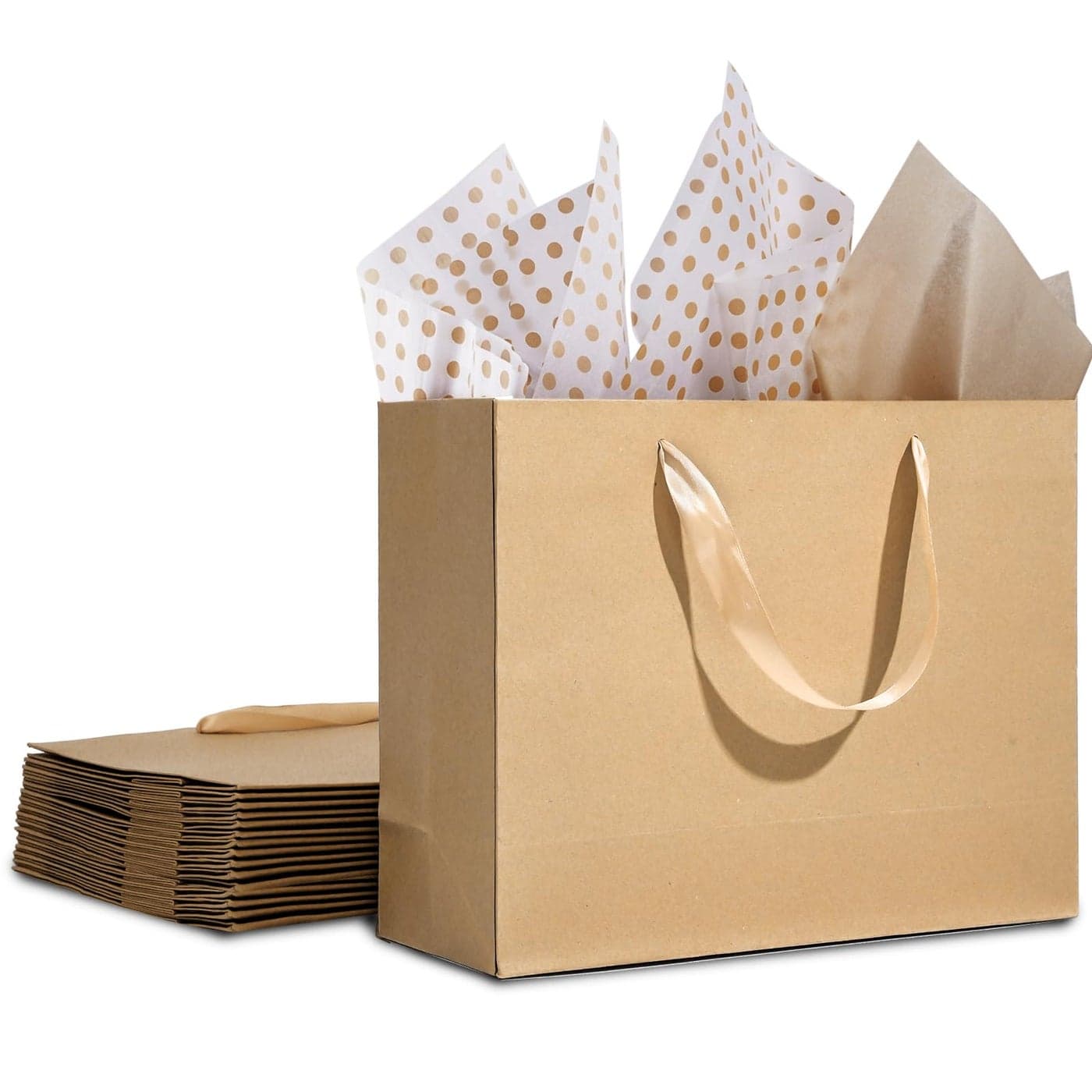 12 Pack Gift Bags Medium with Tissue bags Kraft Paper Bag with Ribbon Handles Brown Paper Gift Wrap Bags for Shopping Small Business Wedding Christmas and Holiday 106 x31 x83