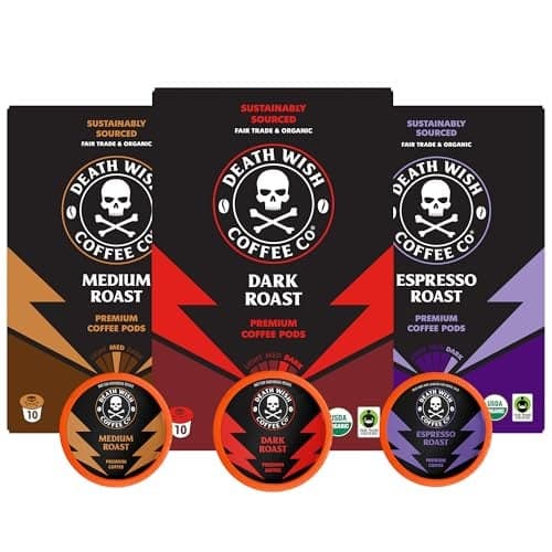 Death Wish Coffee, Single Serve Coffee - 10 Each of Medium, Dark, and Espresso Roast - Mixed Roast Variety Pack
