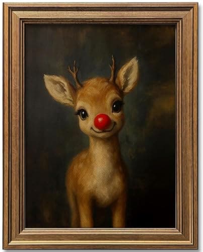 Vintage Christmas Wall Art Decor Gold Framed Art Funny Clown Reindeer Picture Painting for Home Living Room Decor Holiday Gift Reindeer 12L x 95W