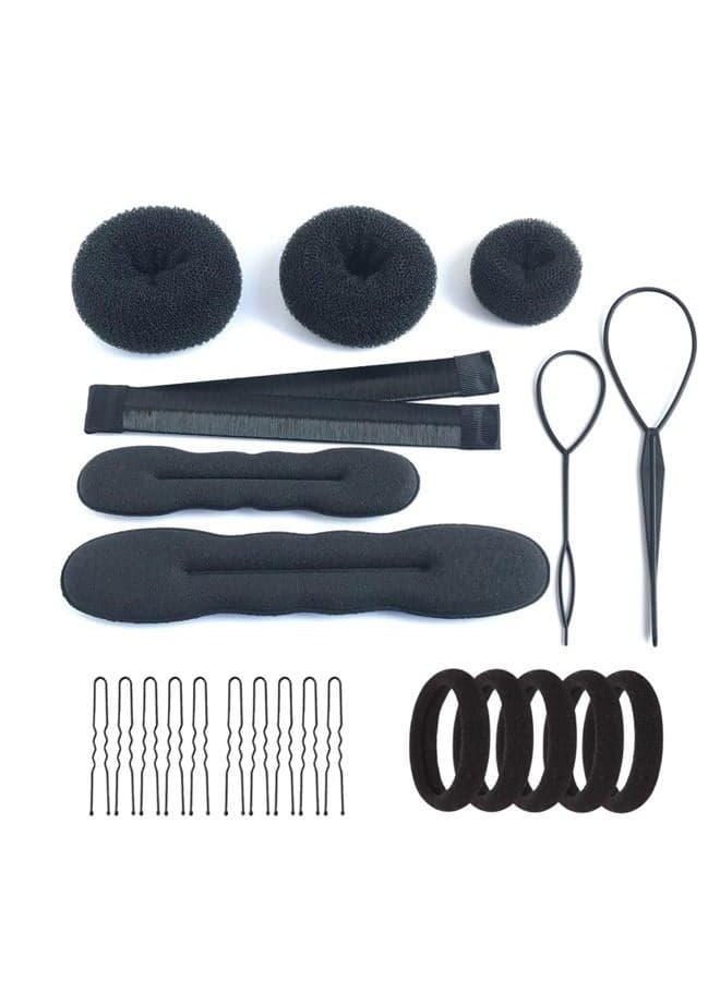 Hair Accessories Set: 3 Donut Bun Makers, 2 Foam Sponge Shapers, 1 French Twist Clip, 2 Snap Buns, 10 Elastics, 20 Pins (Black)