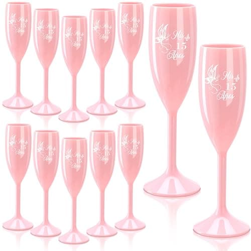 Honeydak 12 Pcs Copas Para Brindis De 15 Años Pink Quinceañera Champagne Glasses 15th Birthday Gifts Set Quinceañera Toasting Flutes Pink Plastic Wine Glasses 15 Birthday Party Favors for Guests