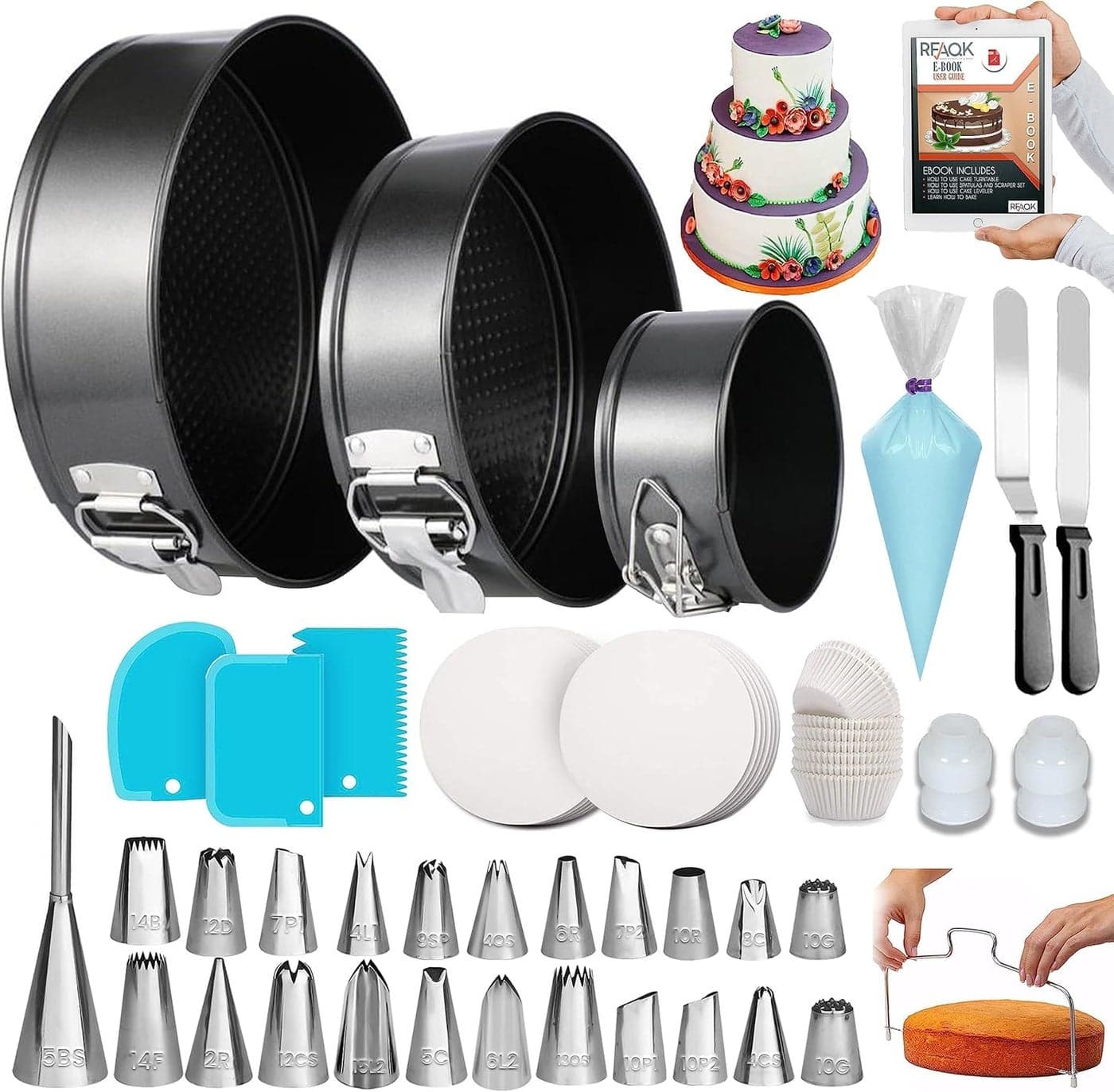 RFAQK 150PCs Cake Pan Set for Baking Cake Decorating Supplies 3 Round Non Stick Springform Pan Set 4 7 9 inches24 Icing TipsCake LevelerMultifunctional LeakProof Cake Pans eBook