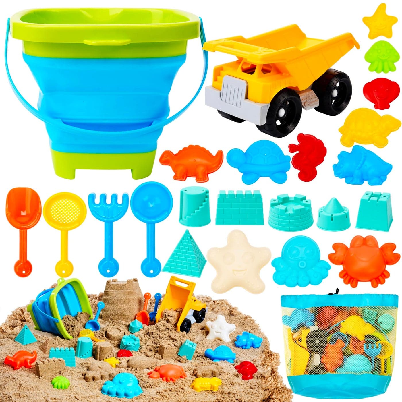 Sloosh Beach Sand Toys Set - Dump Truck Car Toys with Sand Molds for Toddlers Outdoor Play, Collapsible Foldable Buckets Mesh Bag Sand Shovels Castle Animal Mold Sets, Kids Ages Sandbox Toys (Animals)