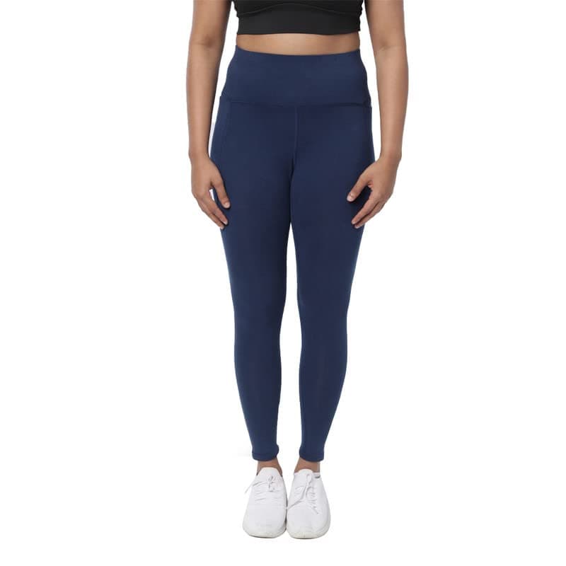BlissClub Women Groove-In Cotton Skinny Leggings | High Rise | Ankle Length | Adjustable Inner Drawcord | 2 Deep Side Pockets | Cottonsoft Fabric | Leggings For Women, Blue, Large