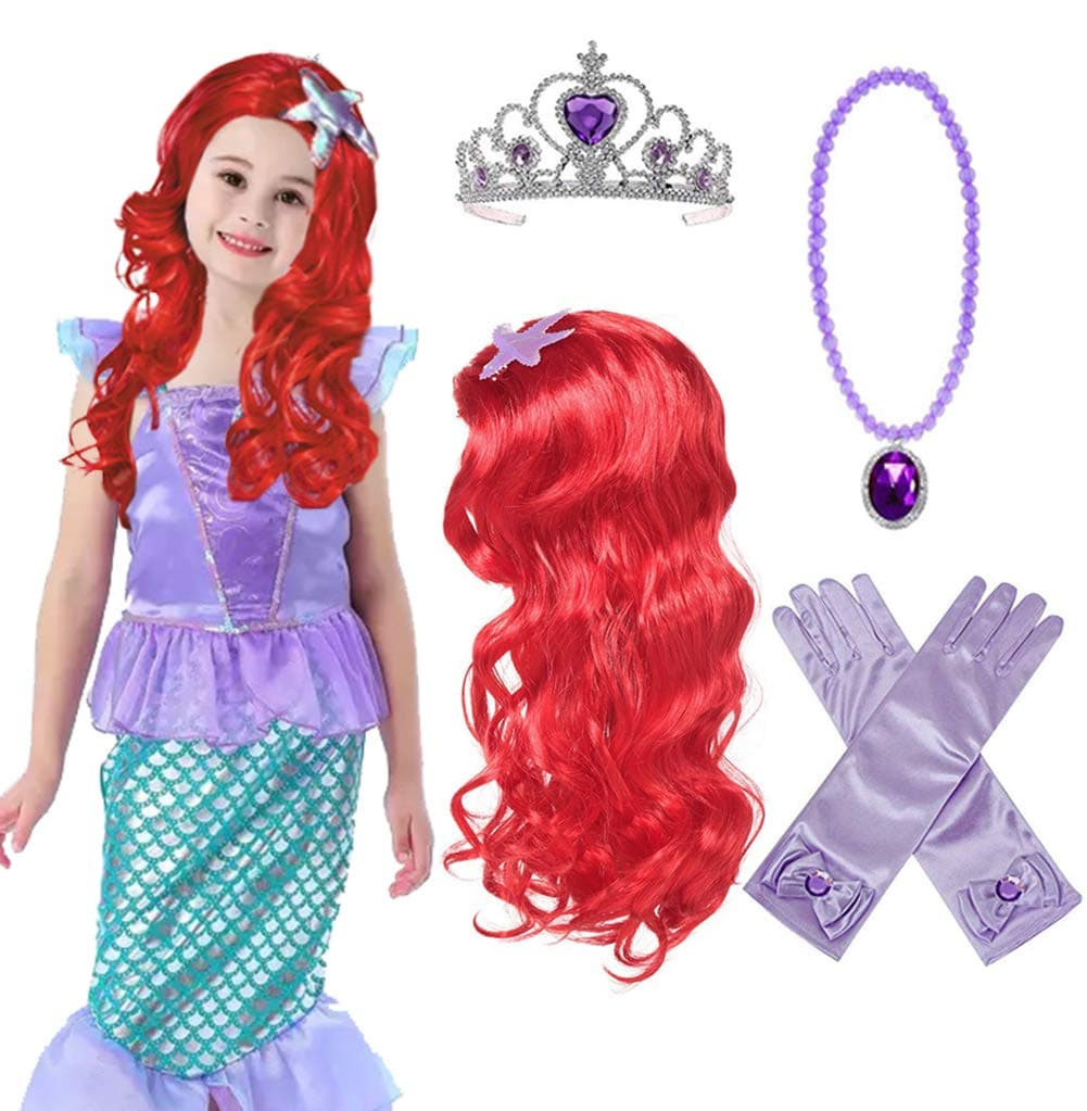 Princess Mermaid Wig Ariel Braid with Princess Tiara Necklace Gloves Not Including Dress Princess Mermaid Ariel Dress Up Halloween Costume Cosplay Accessories for Kids Girls purple1