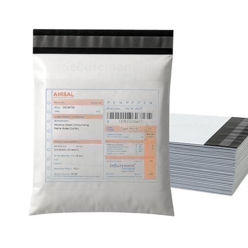 Securement Security Courier Bags with tamper proof seal Tape and Pod Jacket, 50 Micron, 8 Inch x 10 Inch, White and Black, Pack of 100