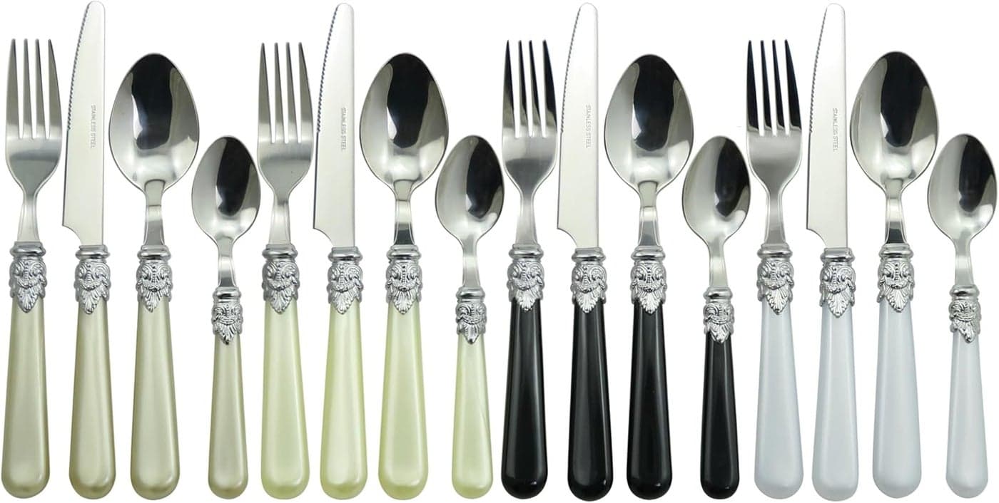 The Original Brink House Glam Mix Match Stainless Steel Cutlery Set with Assorted Baroque Handles 16 pieces with Metal Stand Lifestyle utensils set for home first apartment dorm dinner parties