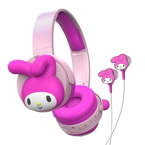 Hello Kitty 2-in-1 Wireless Bluetooth Headphones with Wired Earbuds – Foldable Over-Ear Headset with Built-in Mic, AUX Cable, Adjustable Headband, and Onboard Controls – My Melody