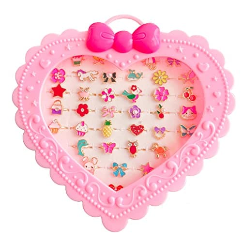 Elesa Miracle 36pcs Children Kids Little Girl Adjustable Jewelry Rings in Box Girl Pretend Play and Dress Up Rings with Heart Shape Display Case