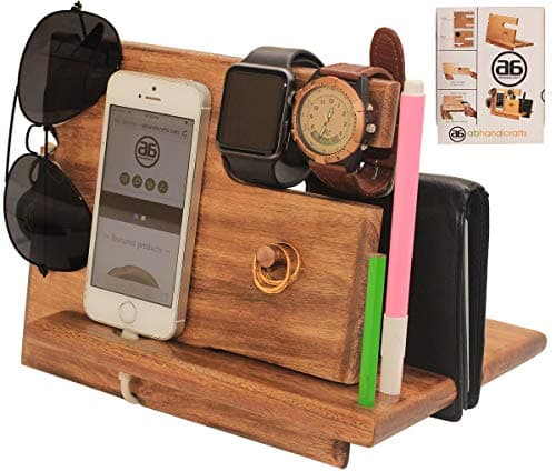 AB Handicrafts wood phone docking station for men - Night Stand Organizer for Cell Phone Stand, Key Holder, Wallet Stand Watch irthday Gifts for Mom, Dad - Anniversary Idea from Wife