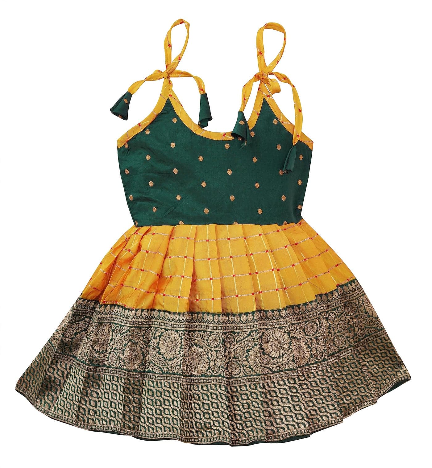 PW PLATYPUS WORLD New South Indian Traditional Pattu Pavadai Tapeta Silk Knee-Length Frock For Baby Girls (6-12 Months), Green,yellow