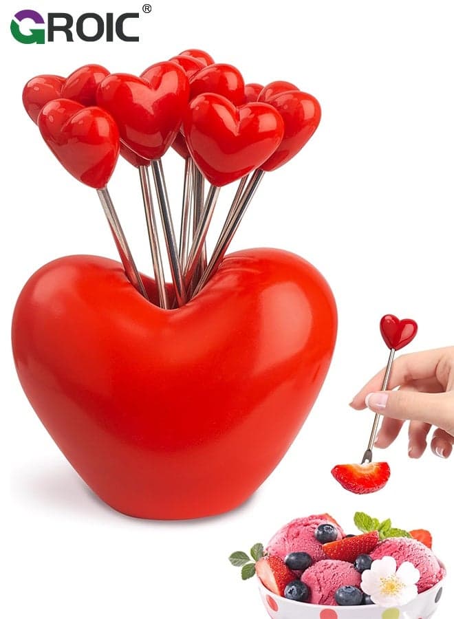 Red Heart Fruit Fork Set,10-Piece Stainless Steel Utensils with Heart-Shaped Storage Base,Food Picks Repeated Use of Decorate Cute Creative,Daily Use Kitchen Tableware Fruit Fork,Creative heart shape