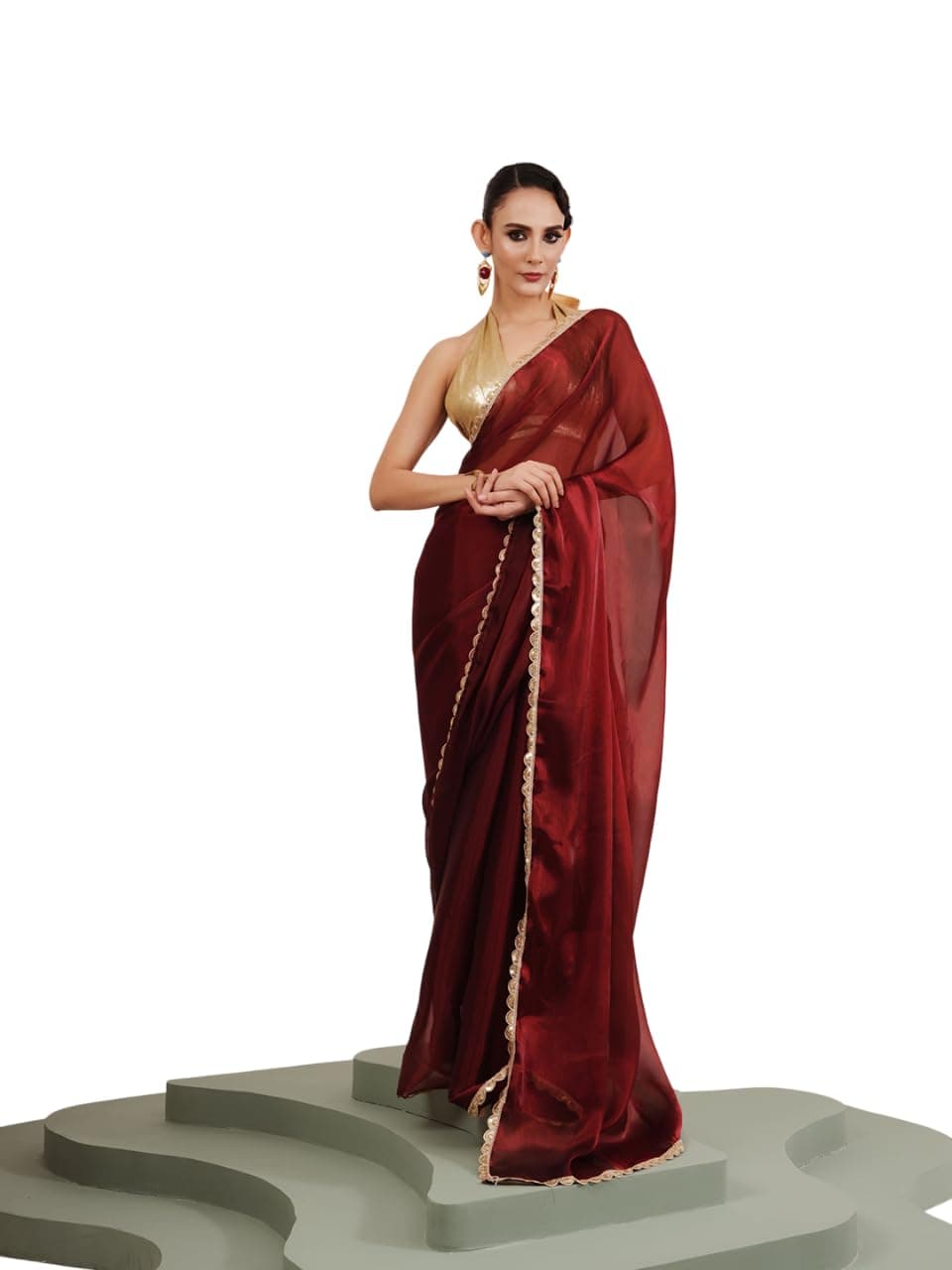ORHANS Embellished Organza Saree Fabric | Solid Maroon Sequinned Saree With Brocade Blouse Piece | Festive & Wedding Sari