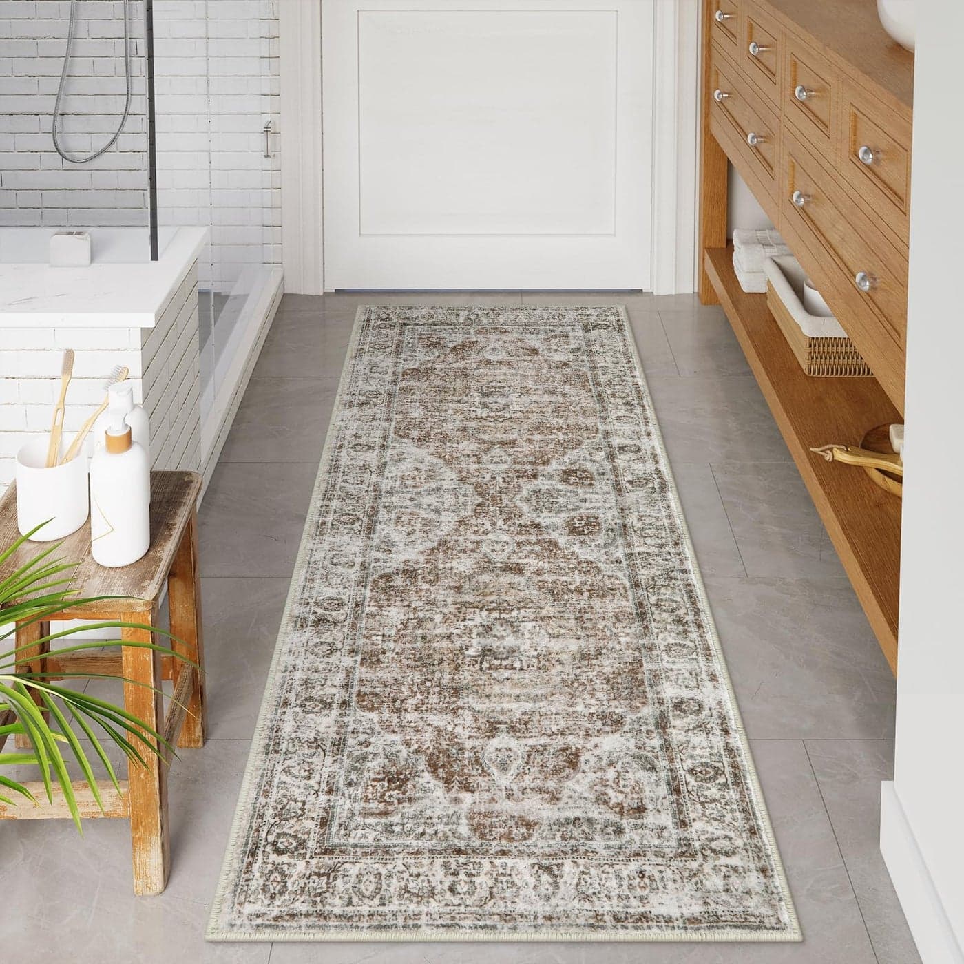 Uphome Bathroom Runner Rug Distressed Tribal Farmhouse Khaki Bathroom Mat Large Bathroom Rugs Non Slip Washable Oriental Retro Boho Bath Mat Runner for Bathtub Sink Hallway 24x59 inch