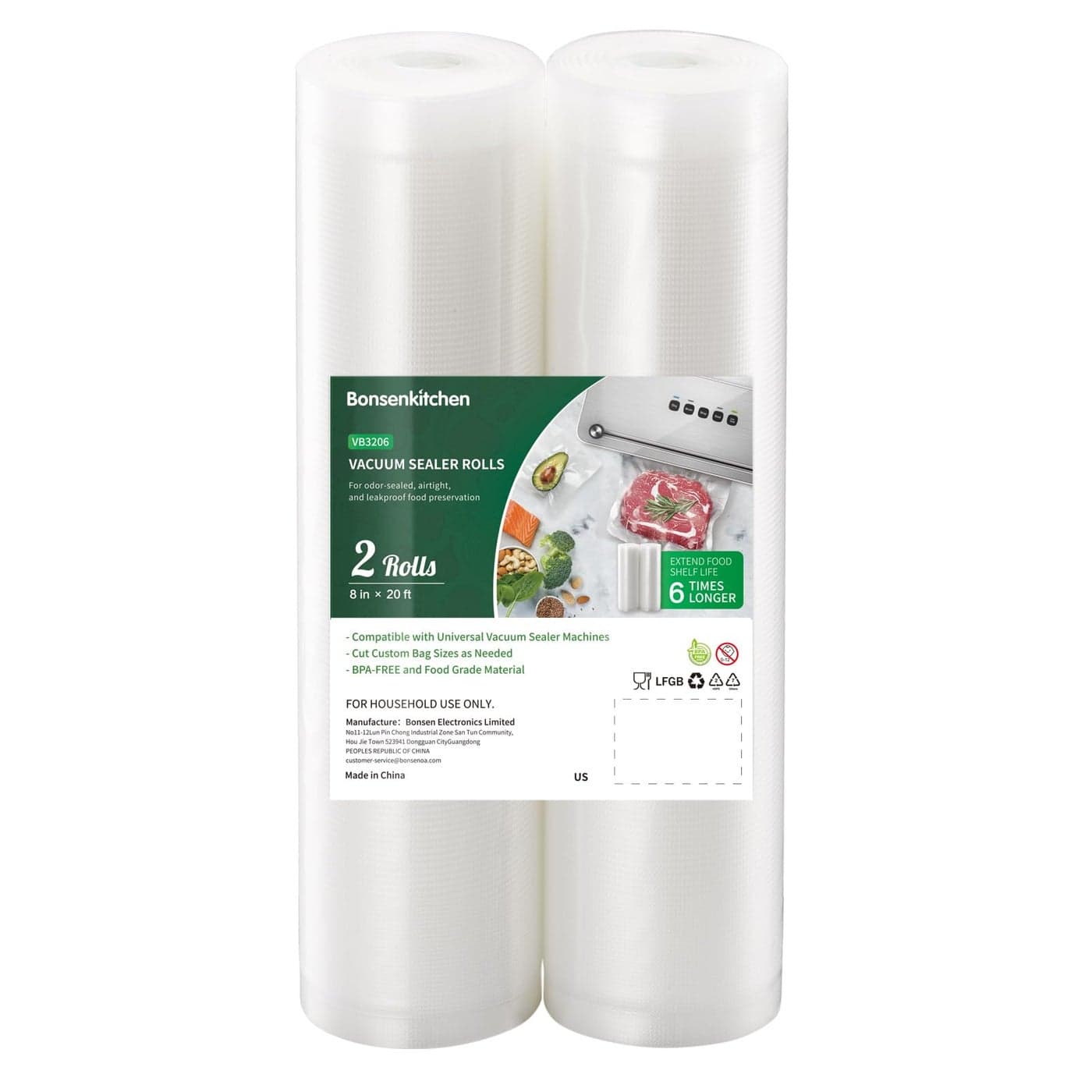 Bonsenkitchen Vacuum Food Sealer Rolls Bags 2 Packs 8 in x 20 ft BPA Free Durable Commercial Customized Size Bags for Storage and Sous Vide CookingVB3206