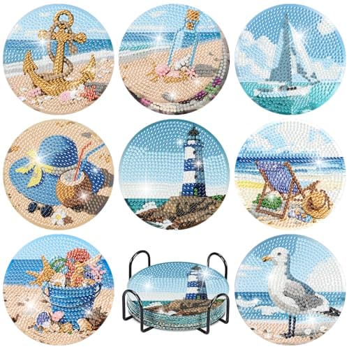 8 Pcs Beach Diamond Art Coasters Kits with Holder Seaside Diamond Painting Coasters Kits for Adults DIY 5D Sail Boat Light house Diamond Dots Small Mini Kit Full Drill Art Craft Supplies 4X4 Inch