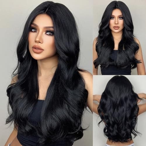 MISS LIRENN® Black Color Long Curly and Wavy Hair Wig, Centre Parting, Women’s Wigs, 26 Inches Long Wigs for Women, Natural Looking Synthetic Wigs + 02 Wig Cap Free (Black)