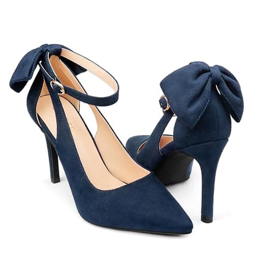COLETER Womens Bow Knot High Heels Pointed Toe Stiletto Ankle Strap D'Orsay Pumps Bow Evening Dress Shoes Suede Navy Blue 8.5US