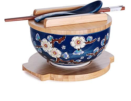 Happy Sales HSKM-CHRYB8, Japanese Kamameshi Vintage Style Rice Noodle Ramen Bowl with Bamboo Lid Trivet Chopsticks and Porcelain Spoon Bowl Set, Cherry Blossom