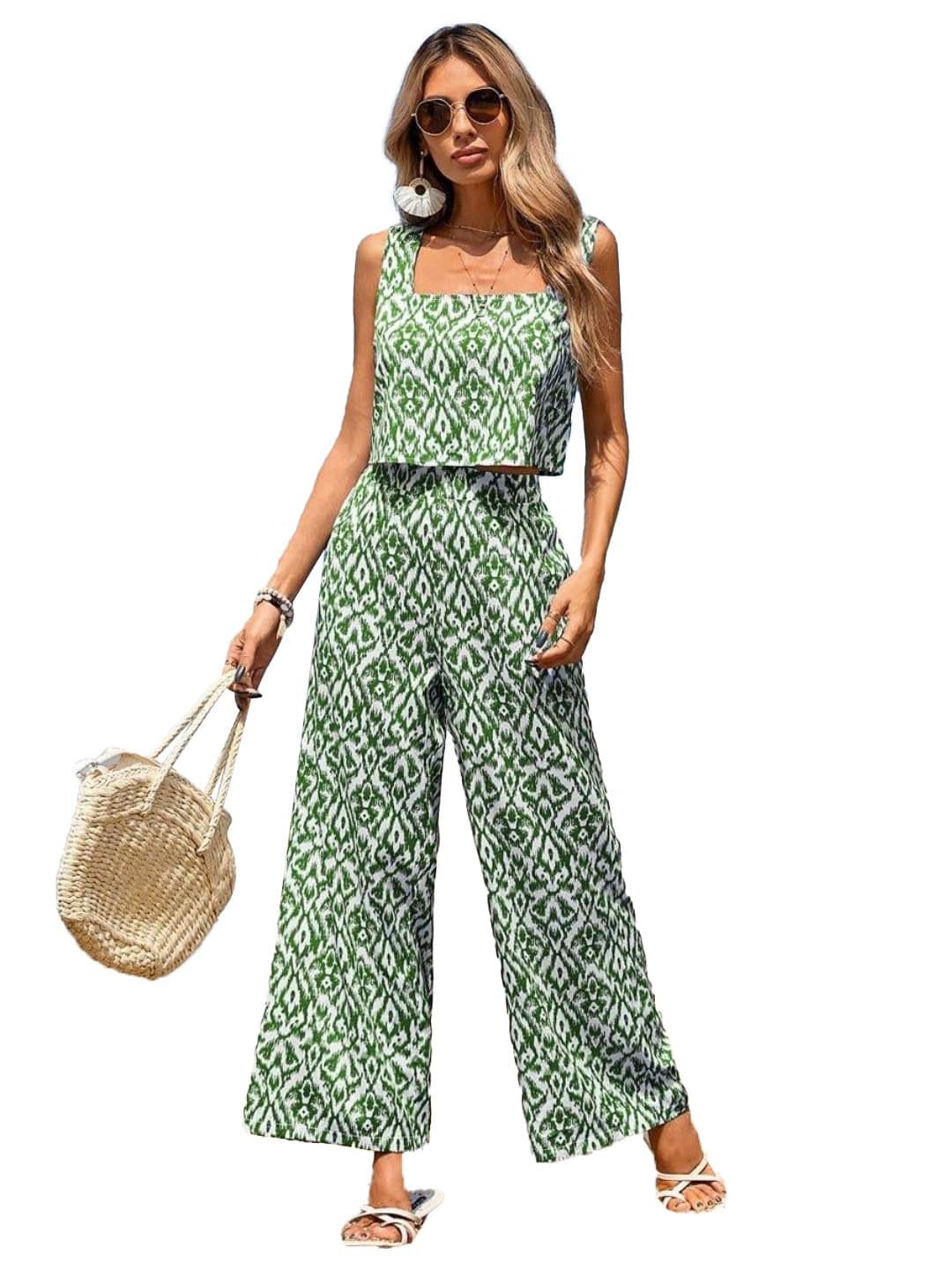 Trendy Queen Green White Printed Top Palazzo Co Ord Set for Women Stylish Casual Outfit Lightweight Fabric Sleeveless Design Relaxed Fit Summer Beach Ensemble