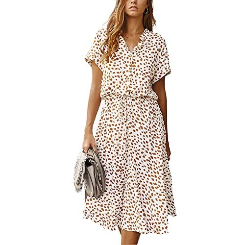 BROVAVE Women's Summer Polka Dot Print Shirt Dress Vintage Short Sleeve Button Down Midi Dress(White, L)