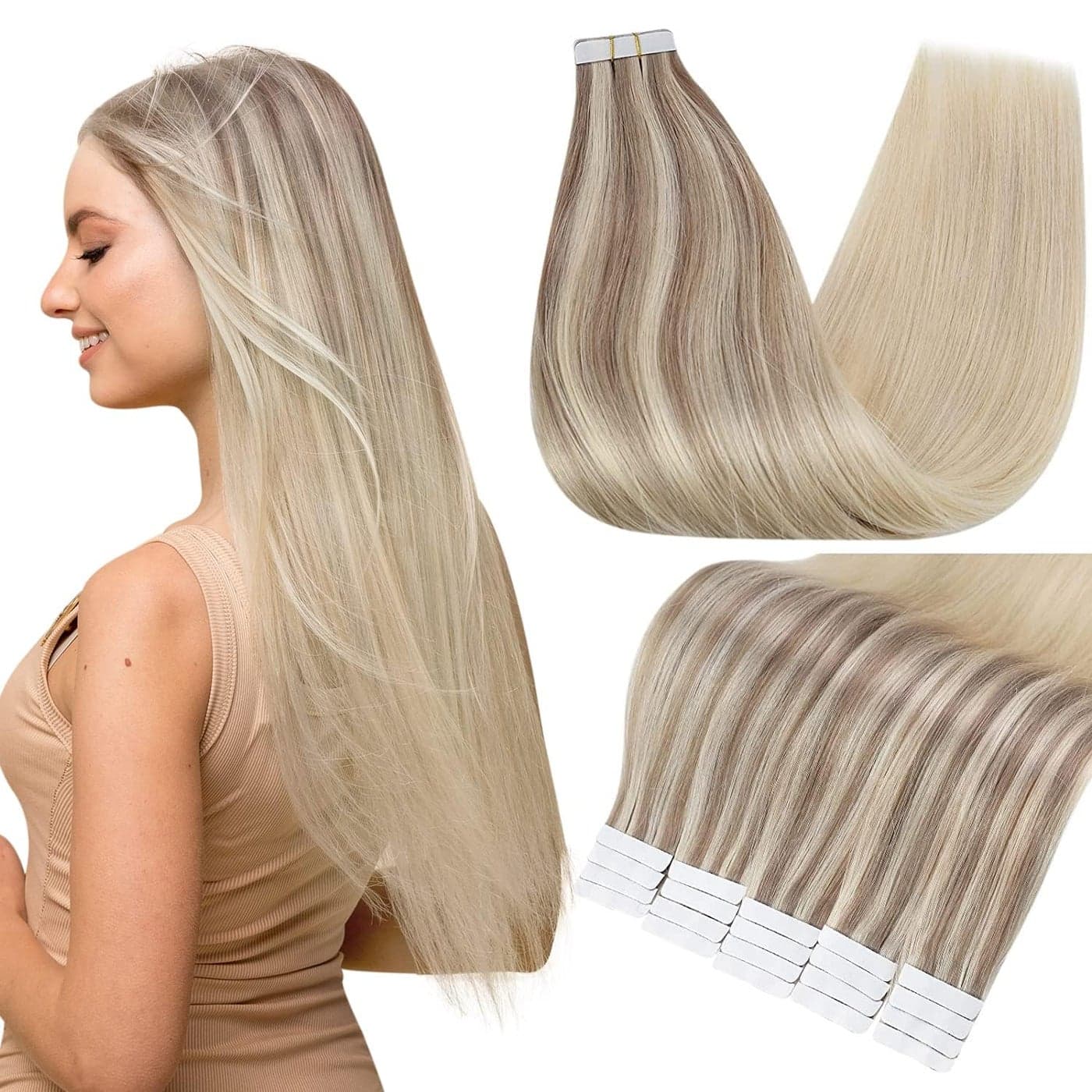 Full Shine PU Tape Extensions 20 Inch Brazilian Remy Human Tape in Hair Extensions 182260 Balayage Silky Straight Remy Hair 50 Grams Seamless Human Hair Extensions Tape Ins 20PCS for Wedding