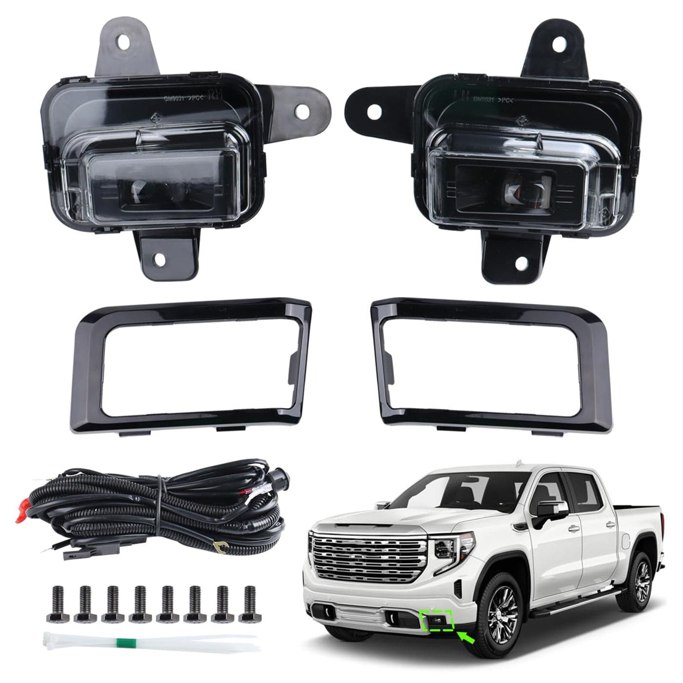 KAMDKI LED Fog Light Set 5pcs Compatible for 2022 2023 2024 GMC Sierra 1500 Front Bumper Lamp Assembly With Wire Harness Bulbs Cover Bezels GM2593338 GM259233 GM1039290 GM1038290