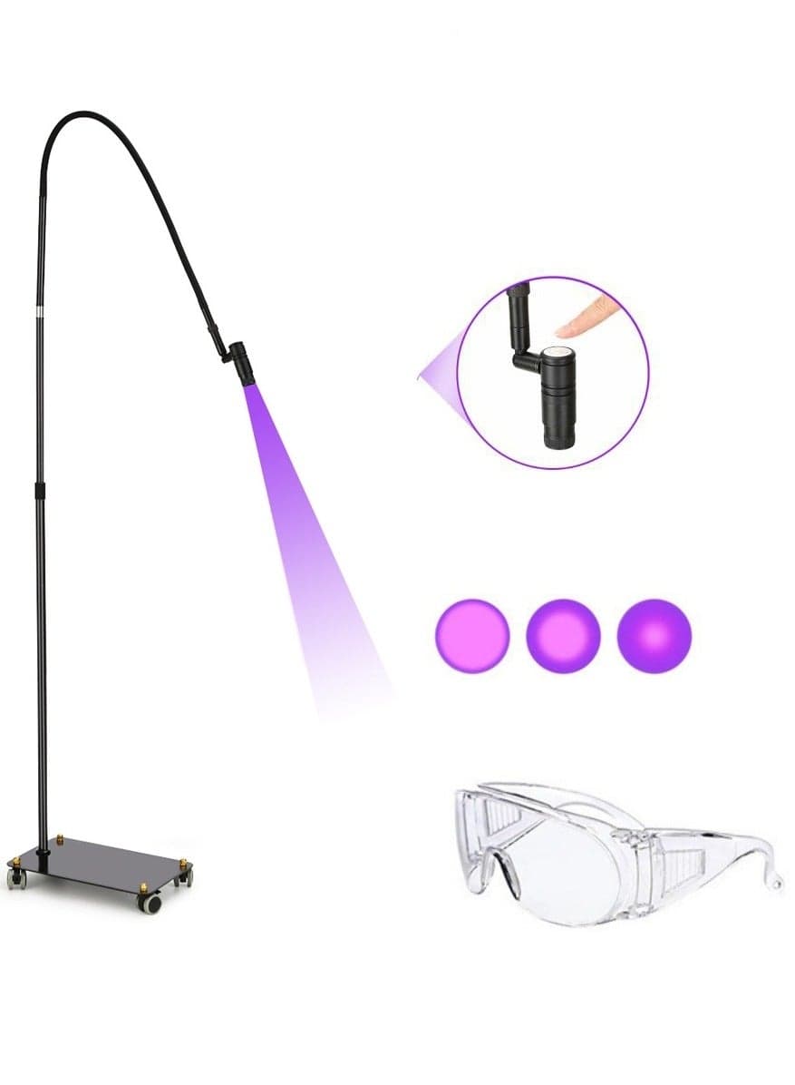 5W LED Lash Extension Lamp with UV Glasses, Adjustable Lash Glue Curing Light with Foot Pedal, Rolling Base, 360° Gooseneck, Detachable Head and 2-5cm Spot for Lash Artists and Nail Techs