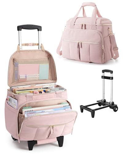 Marscamd Rolling Teacher Bag with Accordion File Organizer 156 Laptop Compartment Wheeled Work Briefcase Tote with Detachable Trolley Crossbody Strap for Women Pink