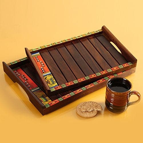 ExclusiveLane 'Madhubani' Wooden Serving Tray for Snacks (Sheesham Wood, Set of 2, Handpainted, Brown) |Wooden Tray Set for Serving Trays Set Tea Trays Rectangular Breakfast Trays for Dining Table