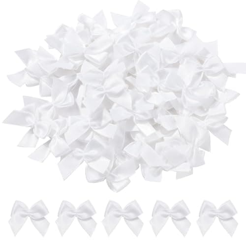 yoyokid 50 Pcs 1 Mini Satin Ribbon Bows Tiny Crafts Bows Decoration for DIY Cheer Pins Clothespins Accessories Wedding Gift Box Ornament White